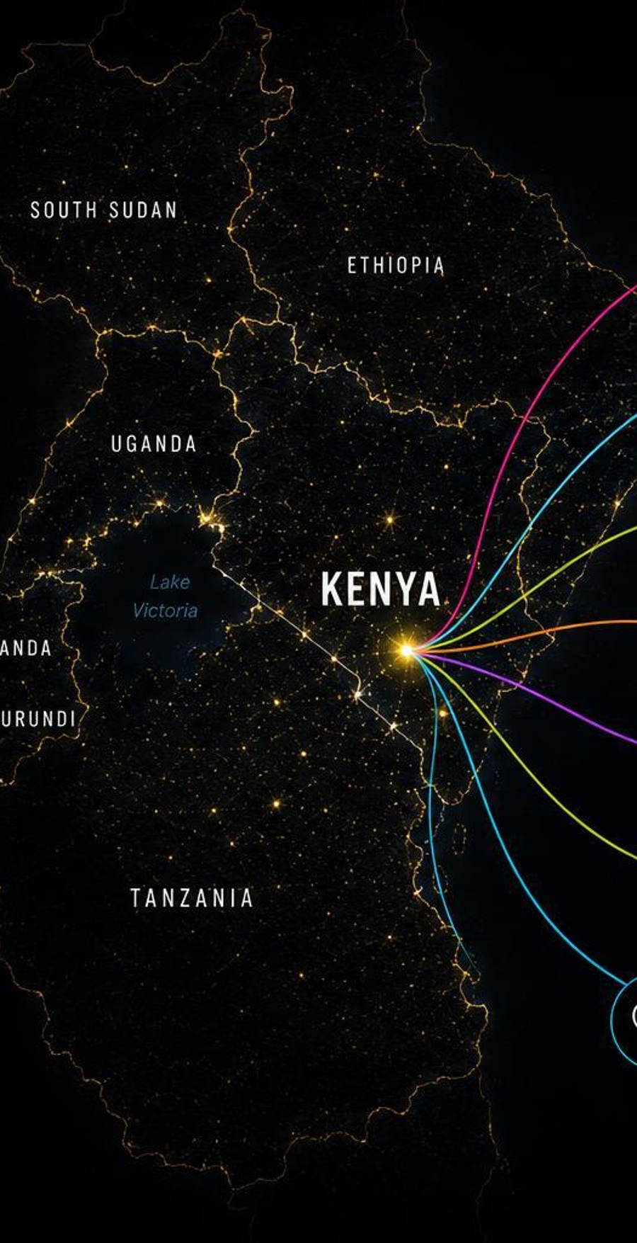 Illuminated map of East Africa centred on Kenya