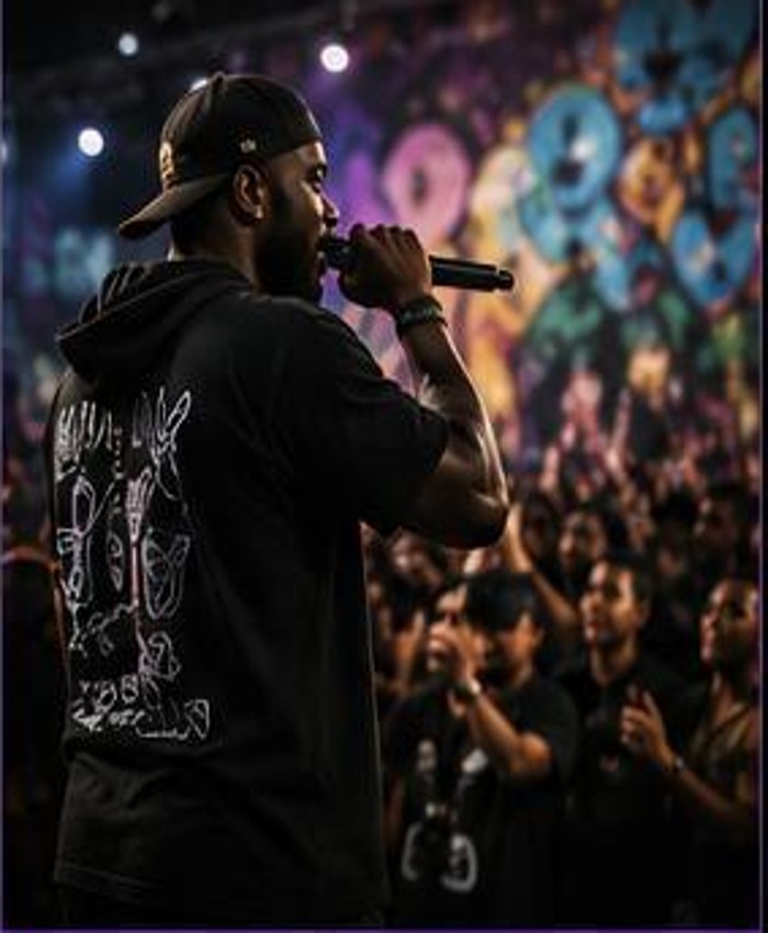 A music artist performing to an energetic audience